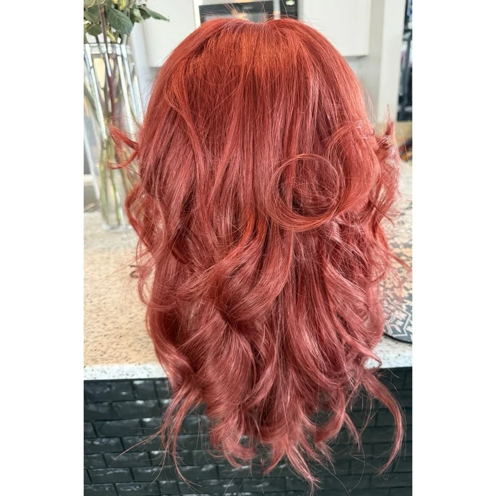 100% Human Hair Lace Front Wig Auburn Brown Red 14 Inch Wavy Straight Free Part